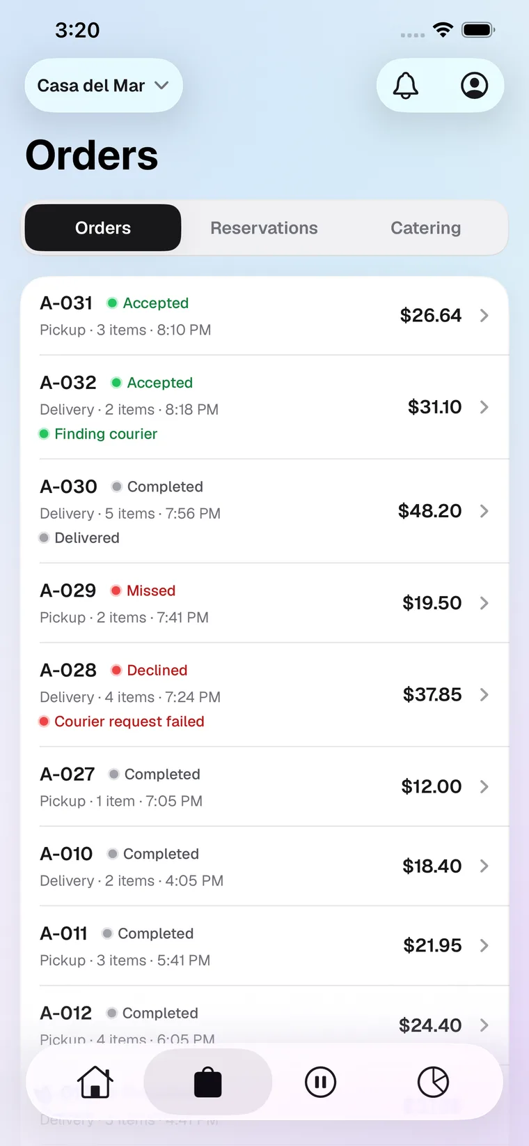The Orders screen, listing today's orders with their status, service type and total, alongside tabs for reservations and catering.