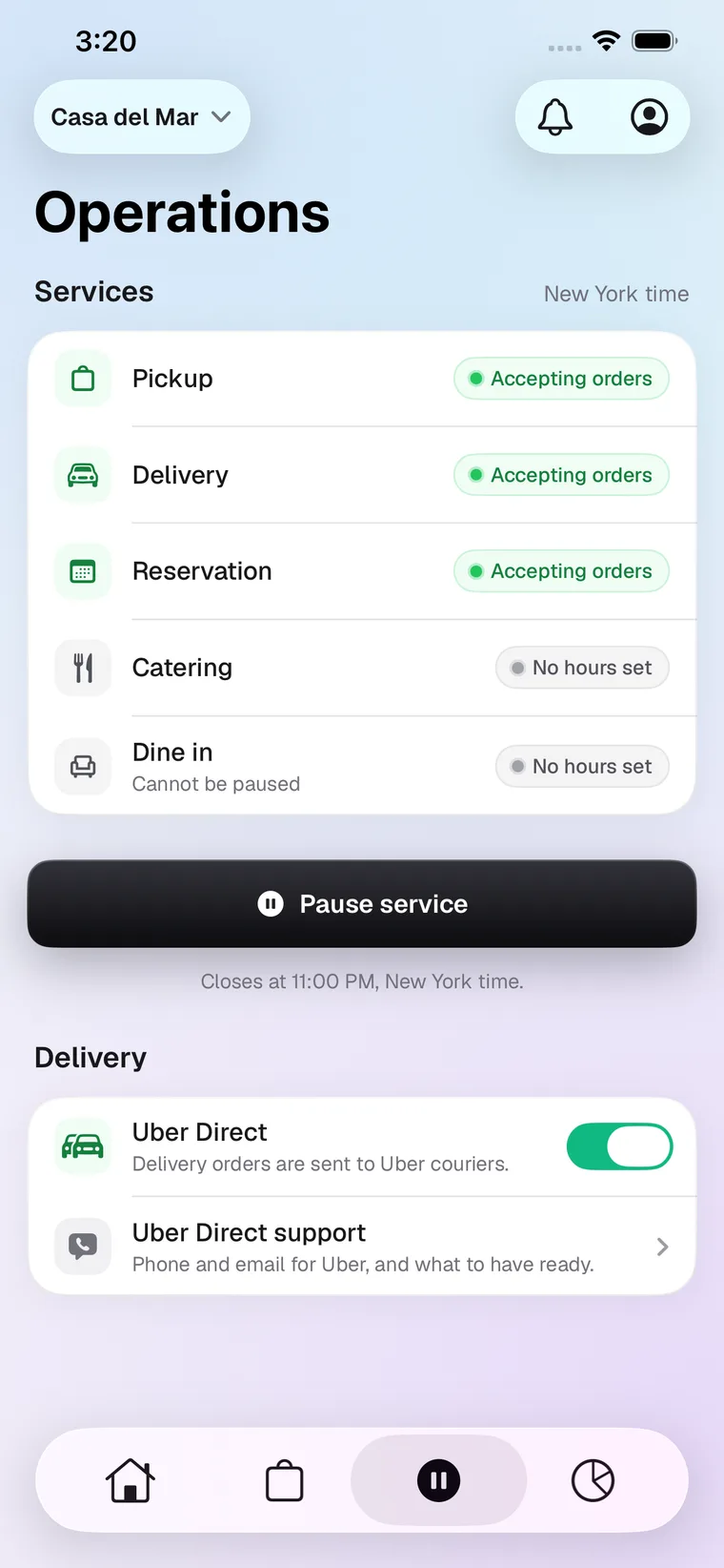 The Operations screen, showing which services are accepting orders, a pause control, and the Uber Direct courier switch.