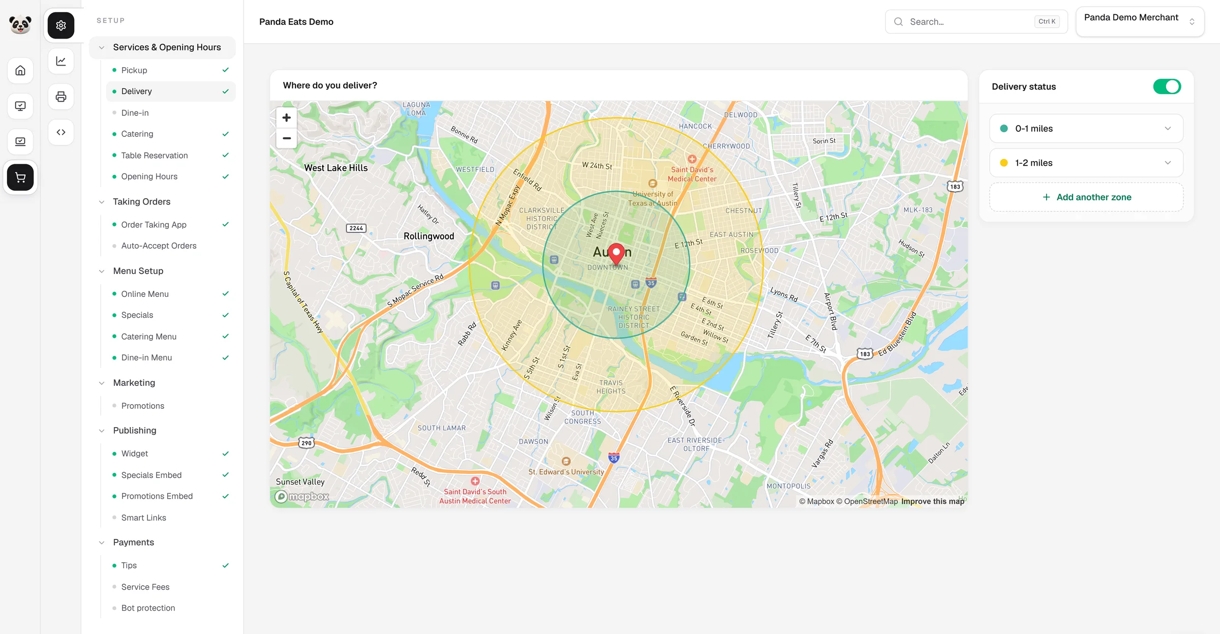 The delivery screen in the Panda Eats dashboard. Two delivery zones are drawn as circles on a map, one inside the other, beside a panel listing them as 0-1 miles and 1-2 miles with a button to add another zone.