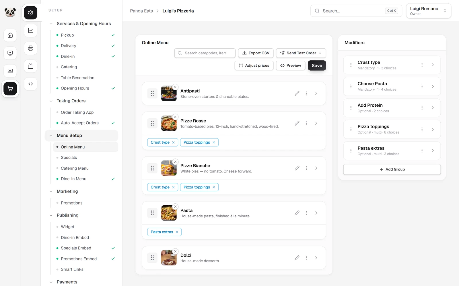 Panda Eats online ordering dashboard showing menu categories and modifiers