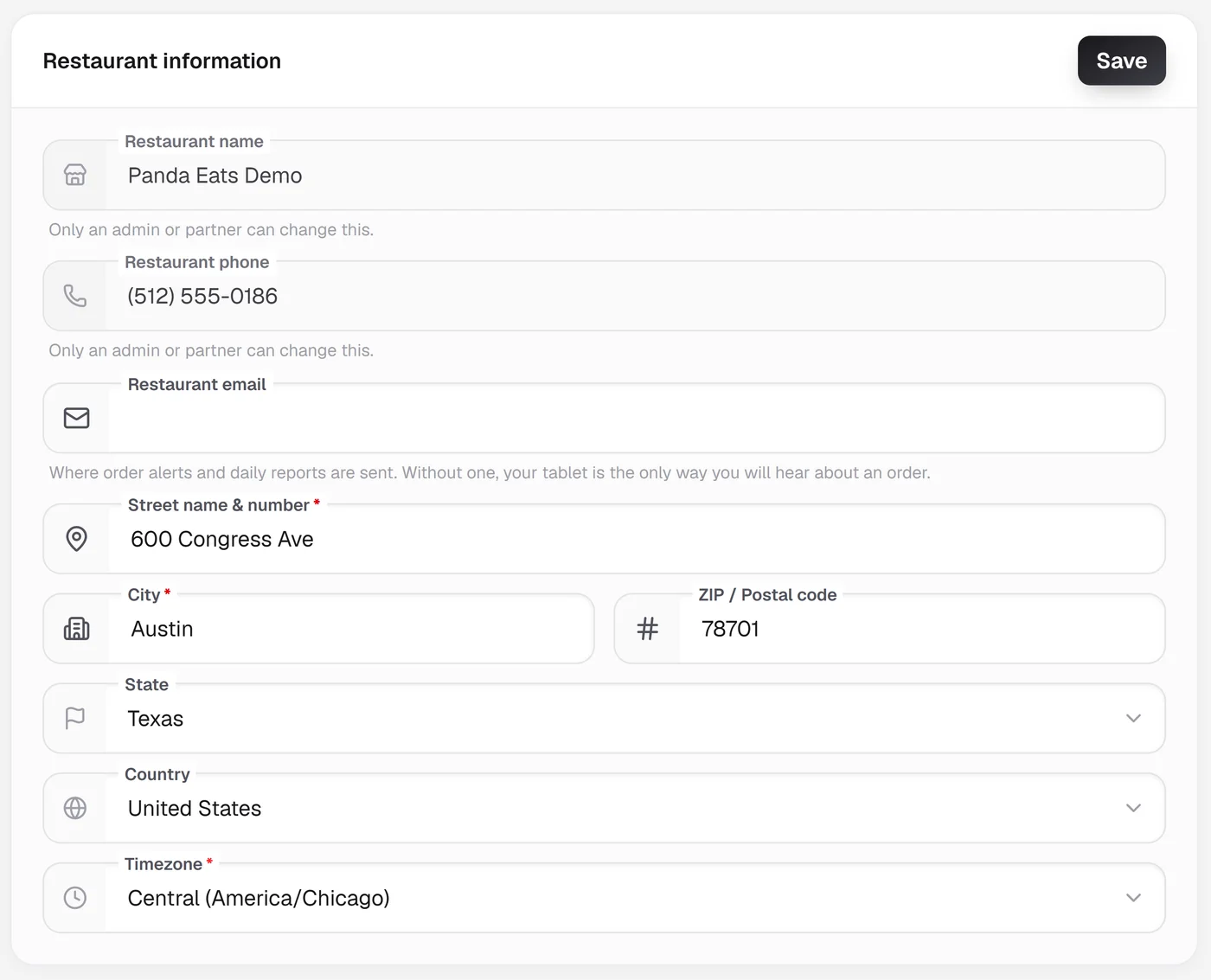 The restaurant information card in the dashboard, with fields for the restaurant's name, phone, email, street address, city, ZIP, state, country and timezone.