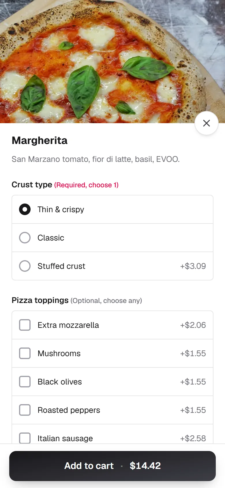 A pizza's window on a phone, with a required crust choice, optional toppings with their prices and an Add to cart button