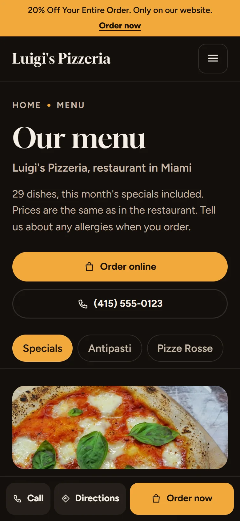 The menu page of a website Panda Eats built for a restaurant, with an Order online button and a row of menu sections