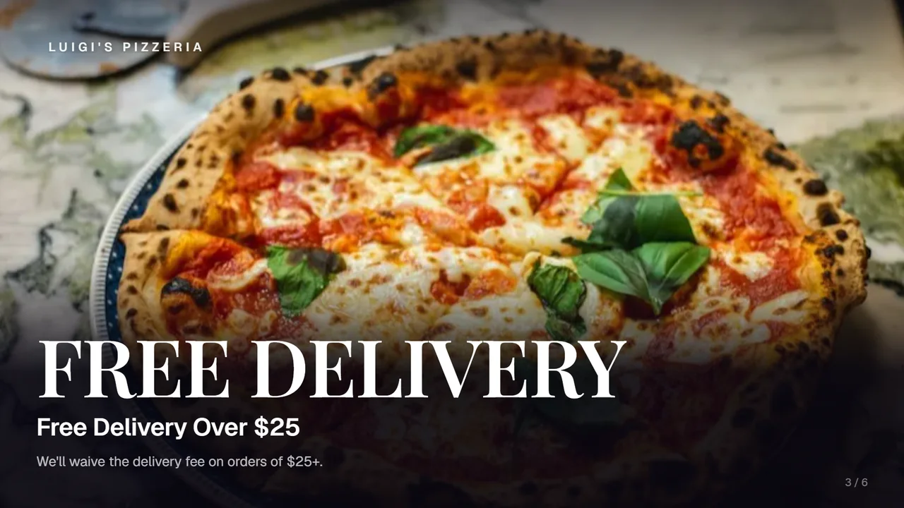 A TV menu board with a pizza photo and a free delivery deal
