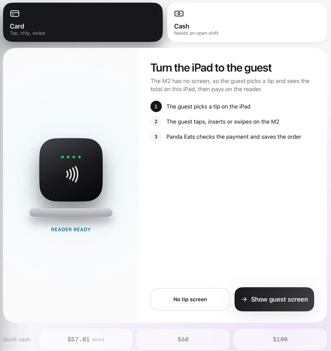 PE POS checkout with Card and Cash to choose from, the card reader ready and steps for the guest to pick a tip and pay