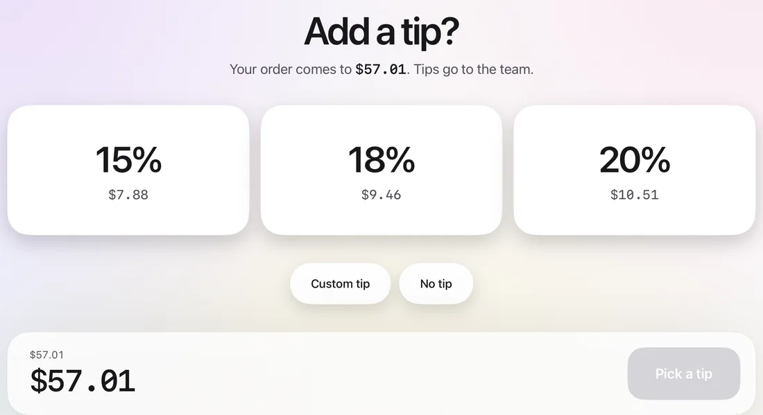 The PE POS tip screen a guest sees before paying by card, with 15, 18 and 20 percent buttons