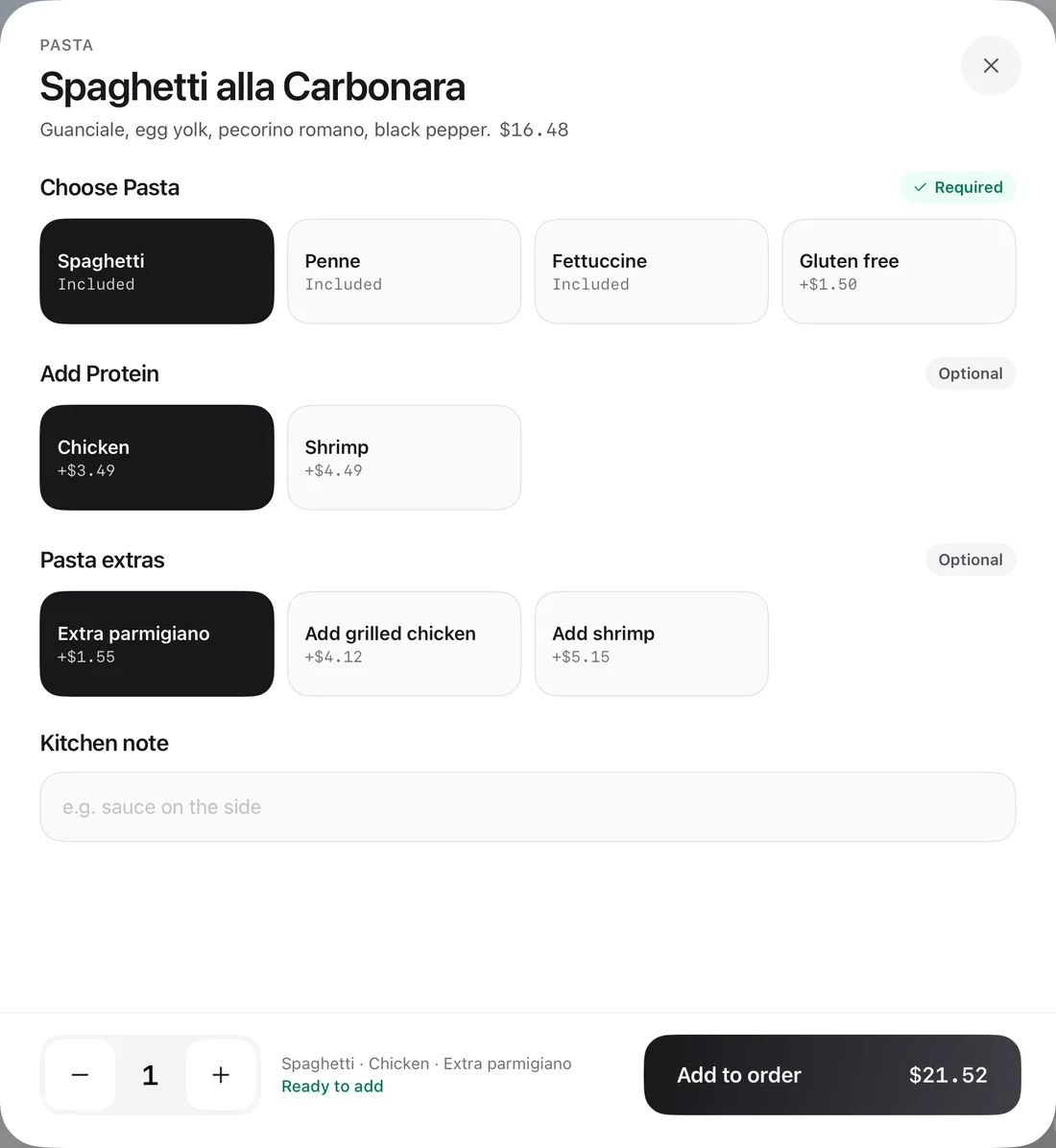 A pasta dish on the PE POS register with a required pasta choice, an added protein and an extra, ready to add to the order