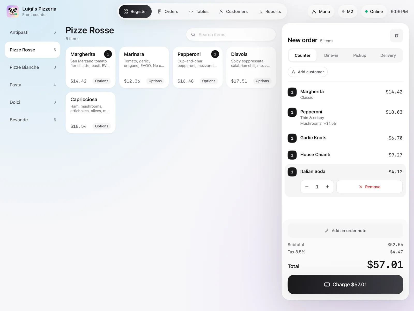 The PE POS register: menu categories, pizza tiles and an order of five items with a Charge button